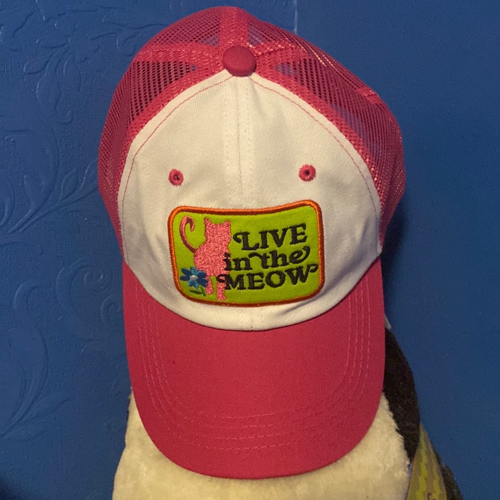 Cat Lady pink embroidered trucker hat “Live in the Meow” one size